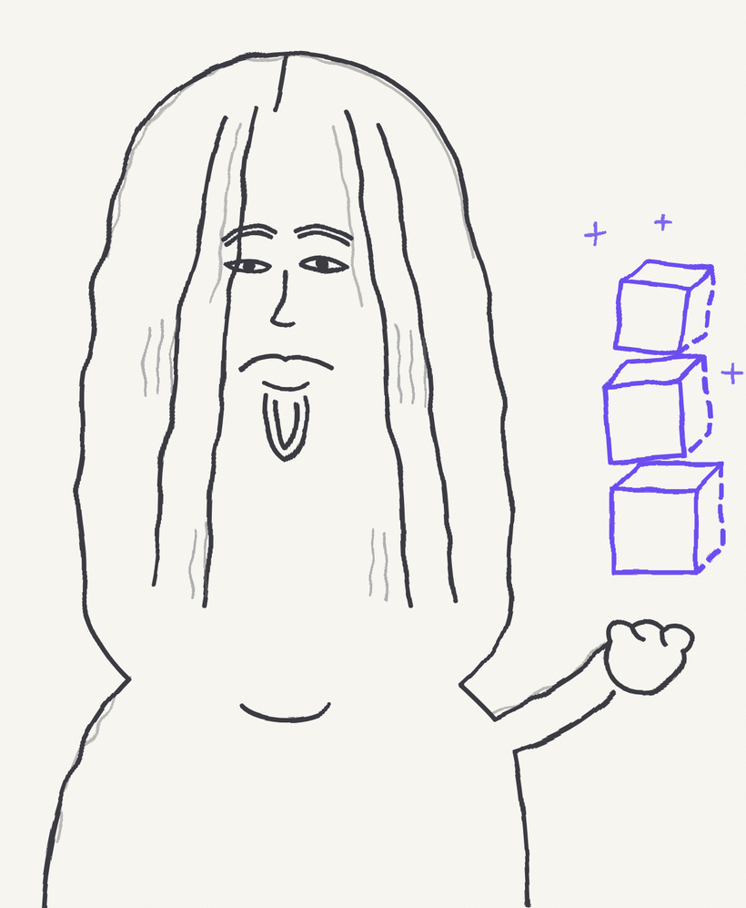 The mascot presenting a floating stack of three violet cubes
