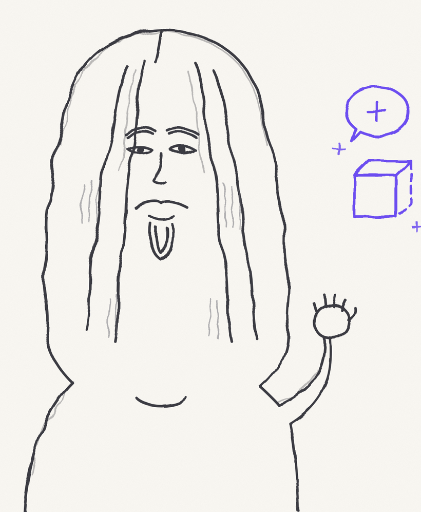 The mascot waving at the violet cube, which answers back with a sparkle in a speech bubble
