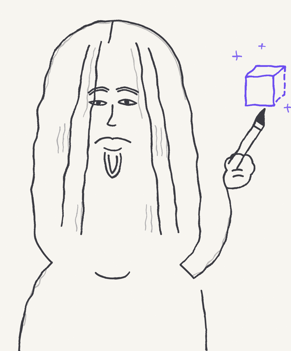 Hand-drawn mascot of James, pencil raised, sketching a violet cube that comes true